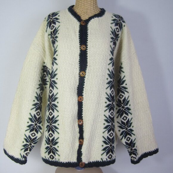 Yarina Ecuador Unisex L Ivory Navy Wool Cardigan Sweater Snowflake 50" Coat - Picture 4 of 12
